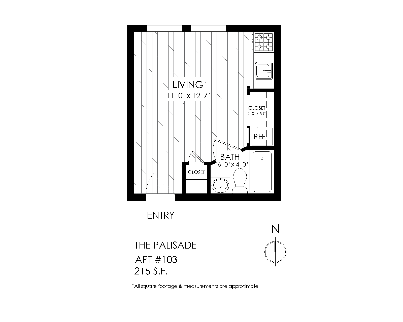 Floor plan for studio, 1 bath, 215 sqft